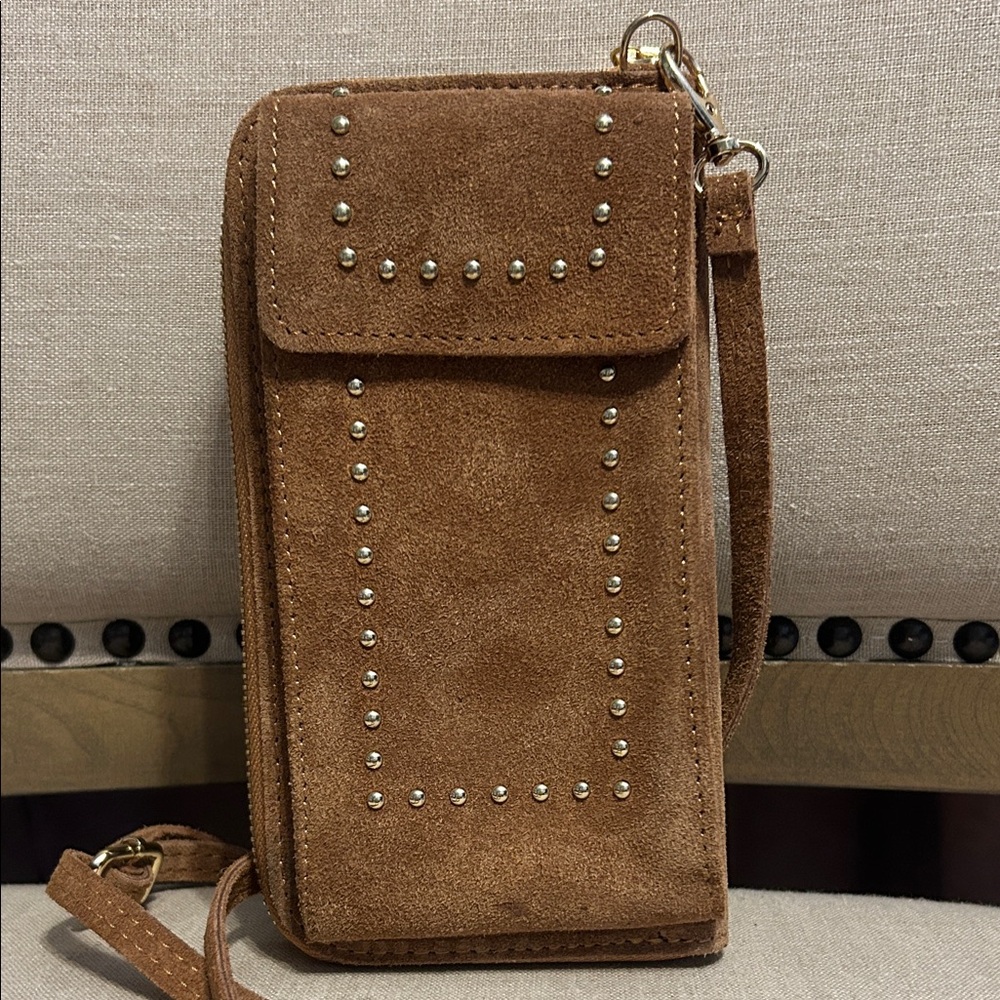 Brown Suede Coastal Cowgirl Studded Wallet with Shoulder Strap